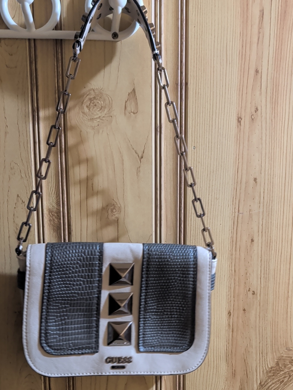 Guess Two-Tone Gray and White Shoulder Bag with Pyramid Stud Accents